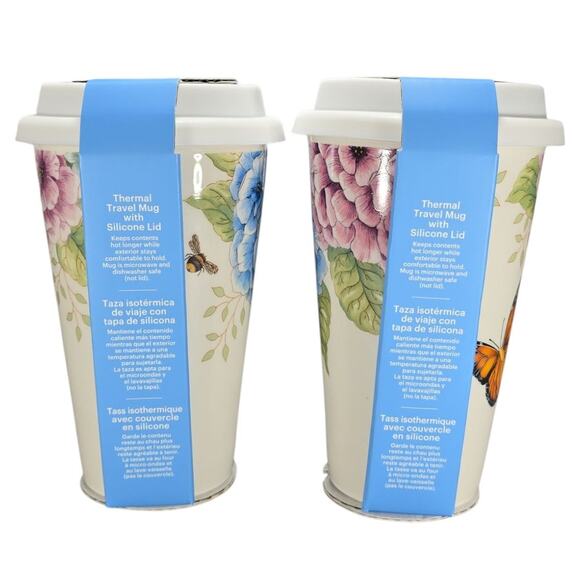 Lenox Butterfly Meadow Hydrangea Thermal Travel Mugs 2 PK 10OZ White Porcelain - Picture 3 of 5